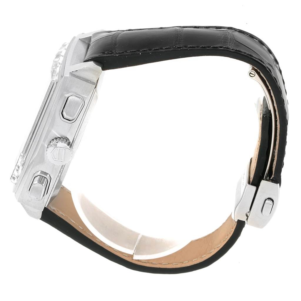 This image shows a side view of the Tag Heuer Monaco CAW2111 Men
s Stainless Steel Blue Dial CAW2111 Men
s Stainless Steel Blue Dial watch, highlighting the crown, pushers, and leather strap.