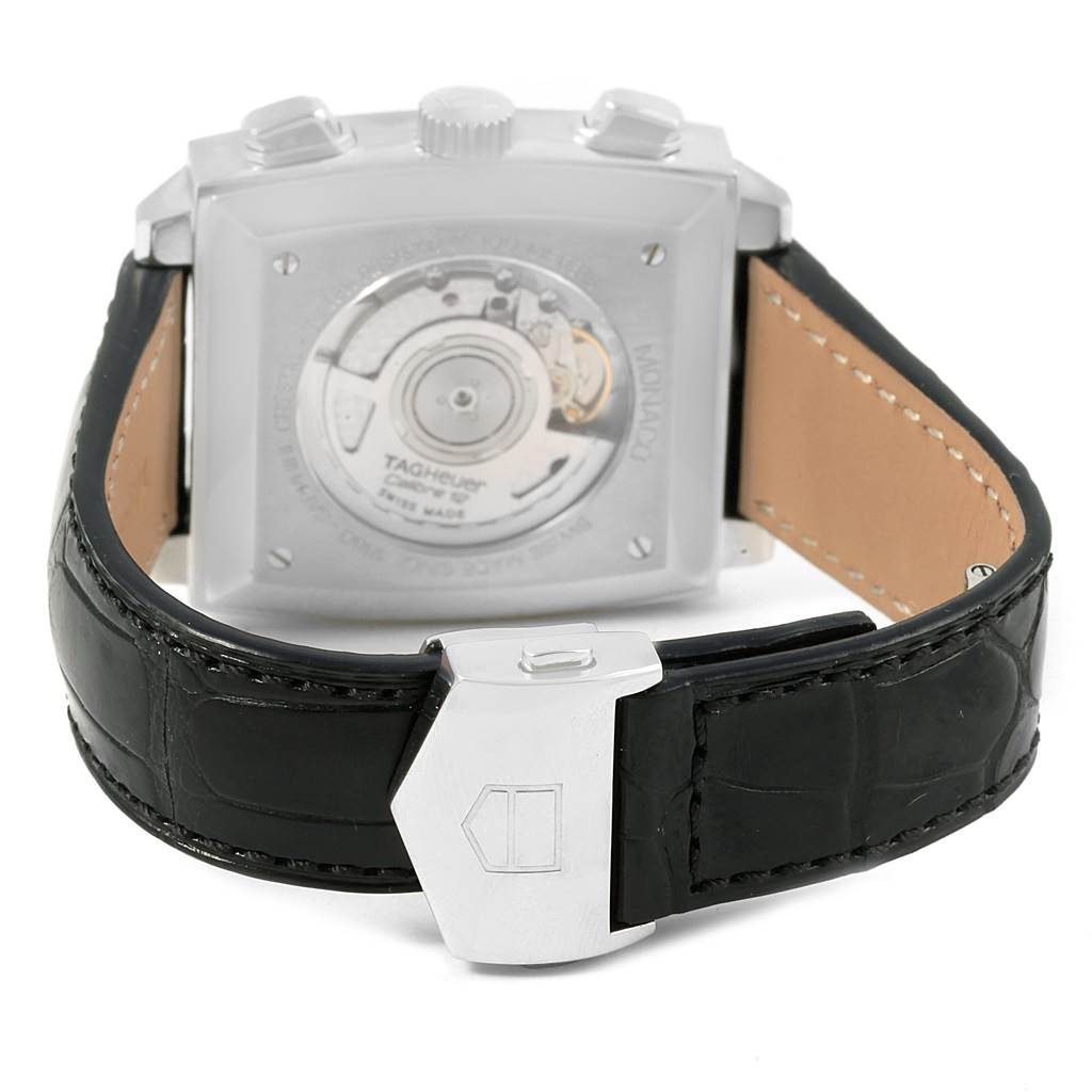 The image shows the back view of a Tag Heuer Monaco CAW2111 Men
s Stainless Steel Blue Dial CAW2111 Men
s Stainless Steel Blue Dial watch, highlighting the case back and part of the leather strap with clasp.