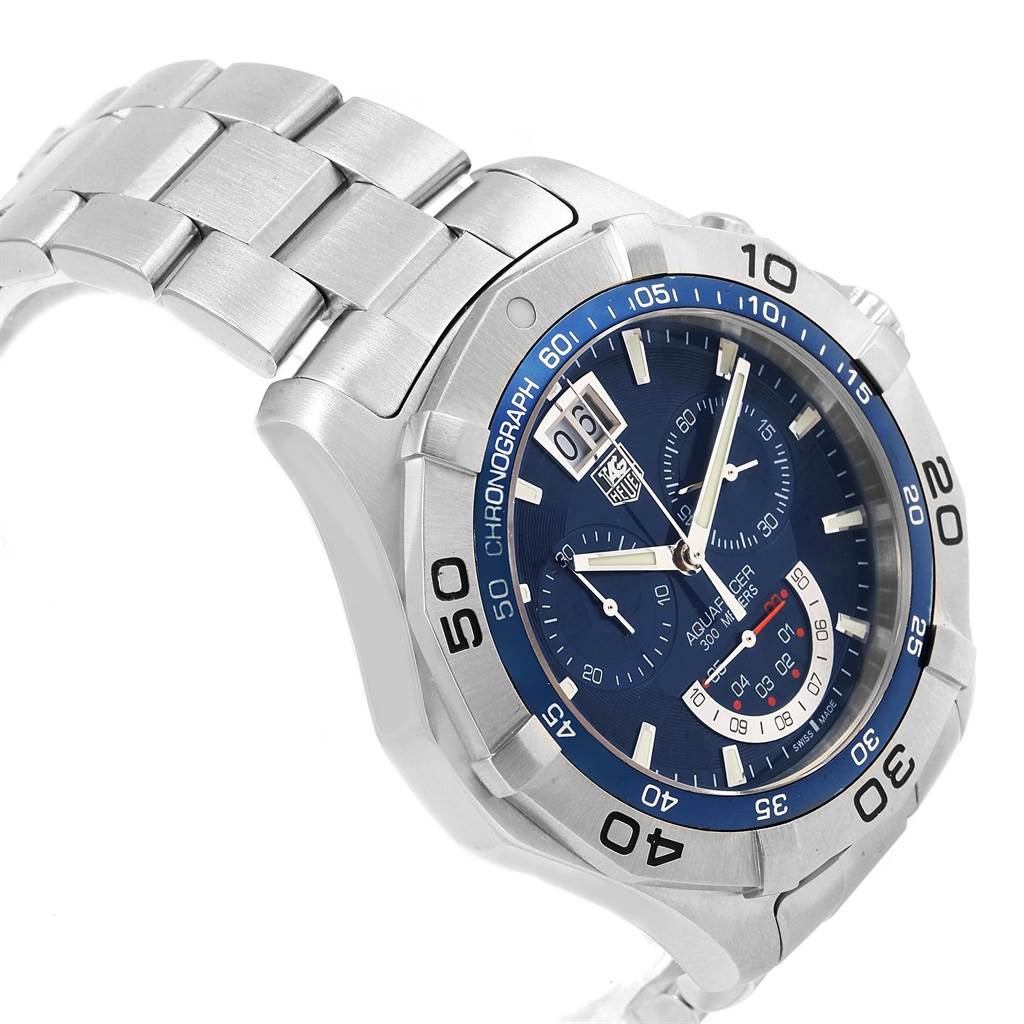 This Tag Heuer Aquaracer CAF101C.BA0821 Men's Stainless Steel Blue Dial CAF101C.BA0821 Men's Stainless Steel Blue Dial watch is shown at a slight side angle, highlighting its blue dial, bezel, and stainless steel band.