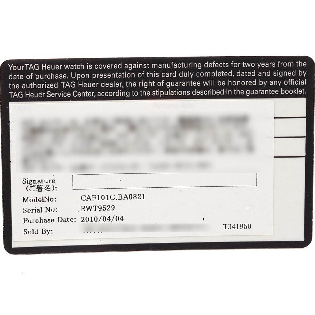 This is a warranty card for the Tag Heuer Aquaracer CAF101C.BA0821 Men's Stainless Steel Blue Dial CAF101C.BA0821 Men's Stainless Steel Blue Dial model watch.