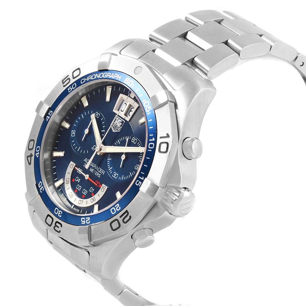 The image shows a Tag Heuer Aquaracer CAF101C.BA0821 Men's Stainless Steel Blue Dial CAF101C.BA0821 Men's Stainless Steel Blue Dial watch at a three-quarter angle, highlighting its blue dial, bezel, and stainless steel bracelet.