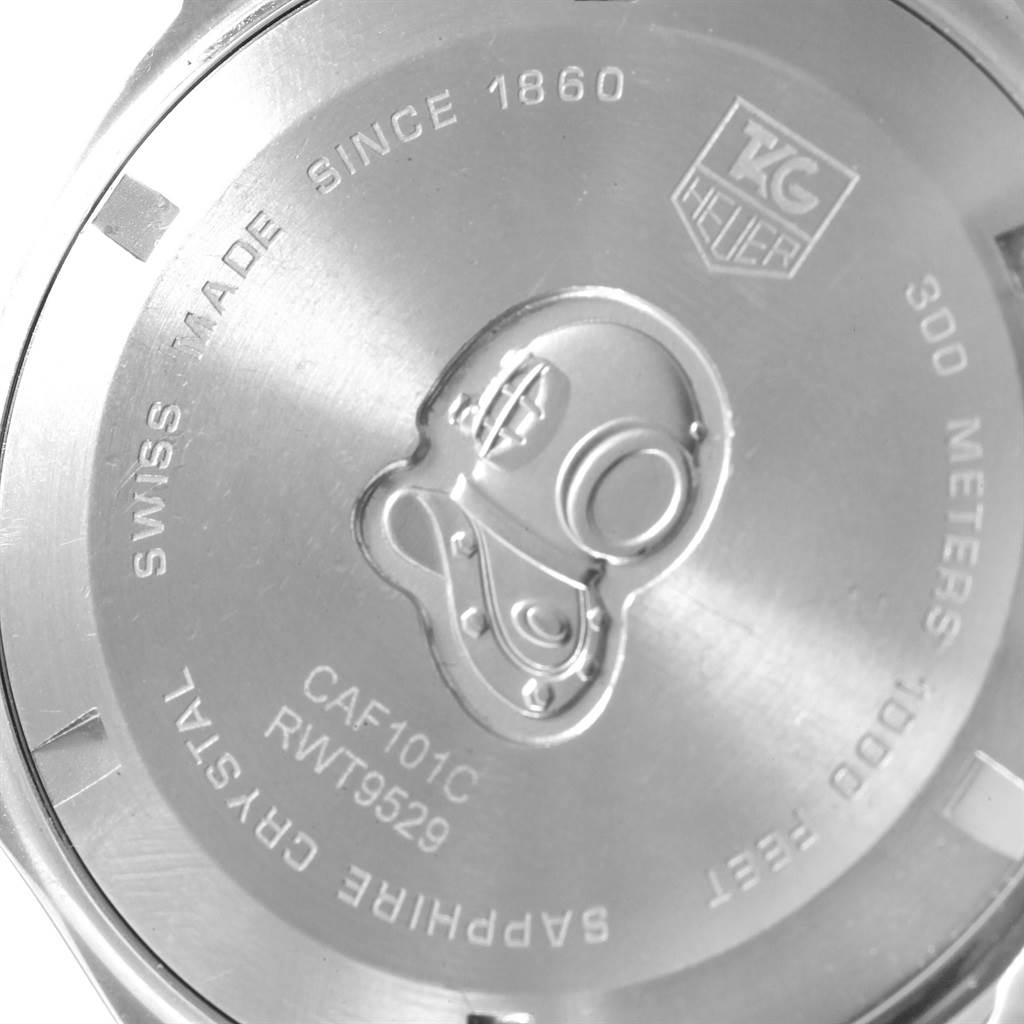 The image shows the back case of the Tag Heuer Aquaracer CAF101C.BA0821 Men's Stainless Steel Blue Dial CAF101C.BA0821 Men's Stainless Steel Blue Dial watch, highlighting the brand engraving and water-resistance details.