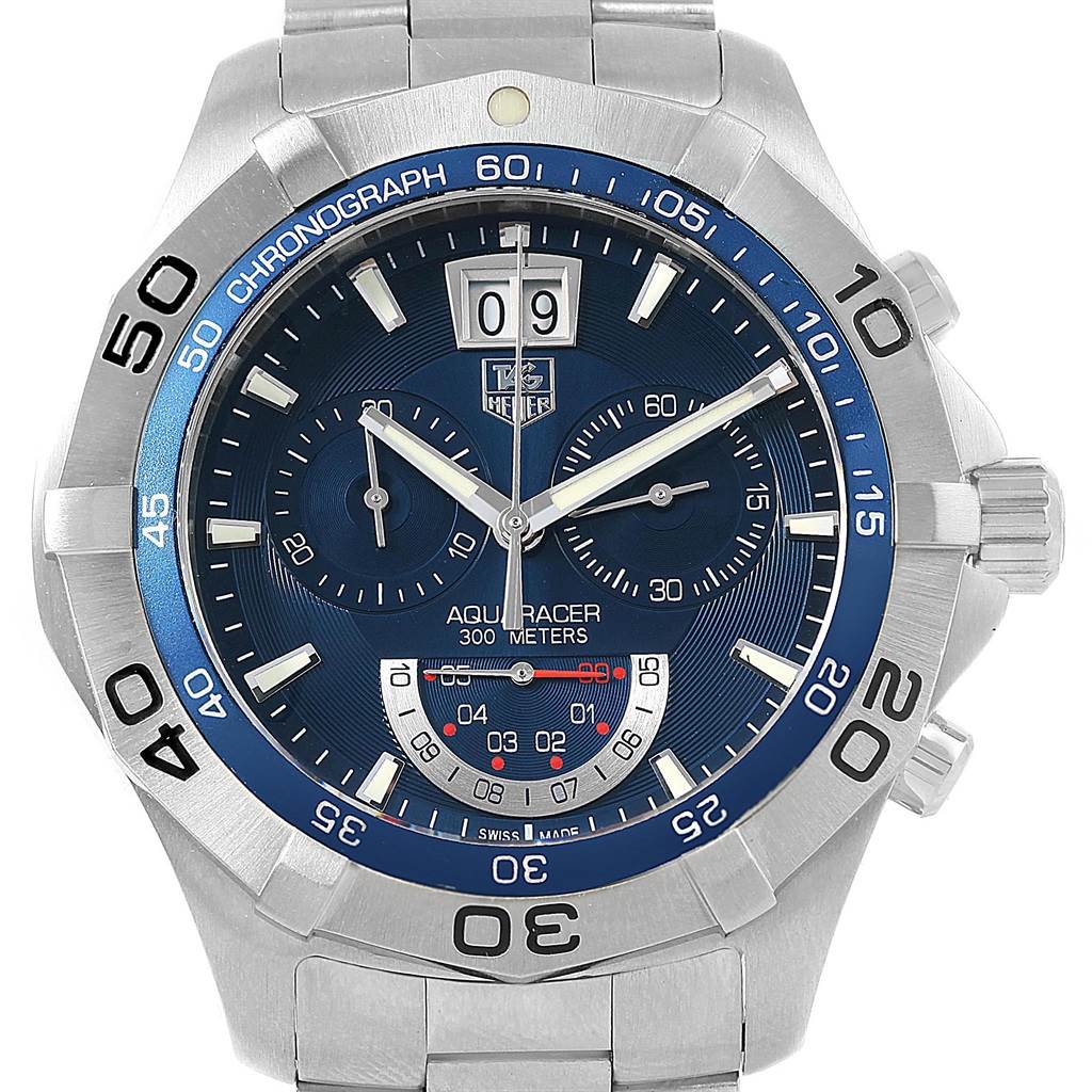 The image shows a front-facing view of a Tag Heuer Aquaracer CAF101C.BA0821 Men's Stainless Steel Blue Dial CAF101C.BA0821 Men's Stainless Steel Blue Dial watch, highlighting the dial, bezel, and pushers.