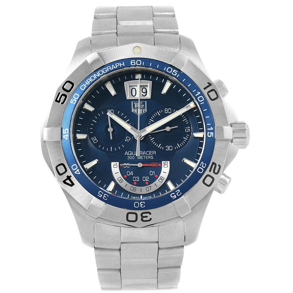 The image shows a front view of the Tag Heuer Aquaracer CAF101C.BA0821 Men's Stainless Steel Blue Dial CAF101C.BA0821 Men's Stainless Steel Blue Dial watch, highlighting the face, bezel, and bracelet.