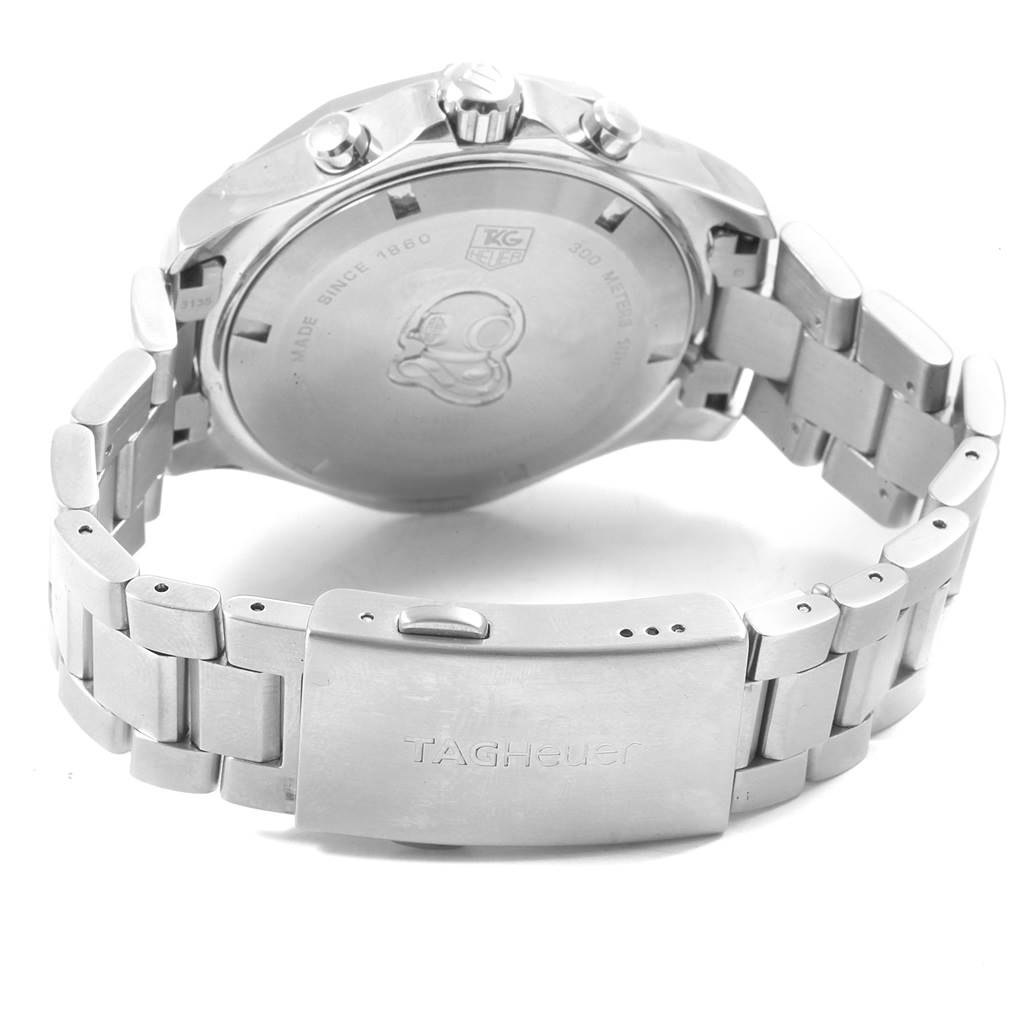 The image shows the back case and metal bracelet of a Tag Heuer Aquaracer CAF101C.BA0821 Men's Stainless Steel Blue Dial CAF101C.BA0821 Men's Stainless Steel Blue Dial watch at an angle.