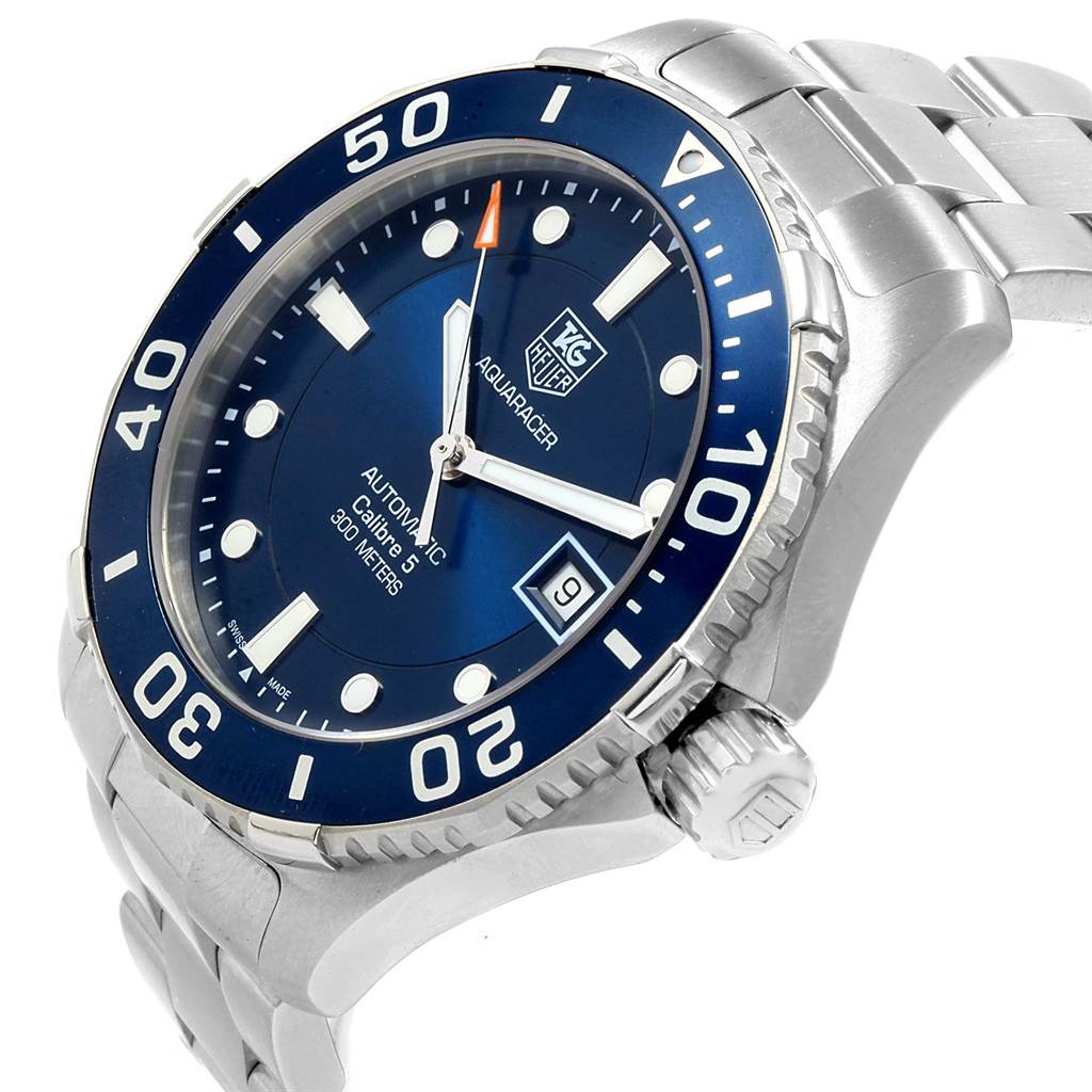 The image shows a Tag Heuer Aquaracer WAN2111.BA0822 Men
s Stainless Steel Blue Dial WAN2111.BA0822 Men
s Stainless Steel Blue Dial watch at an oblique angle, highlighting its blue dial, bezel, crown, and metal bracelet.