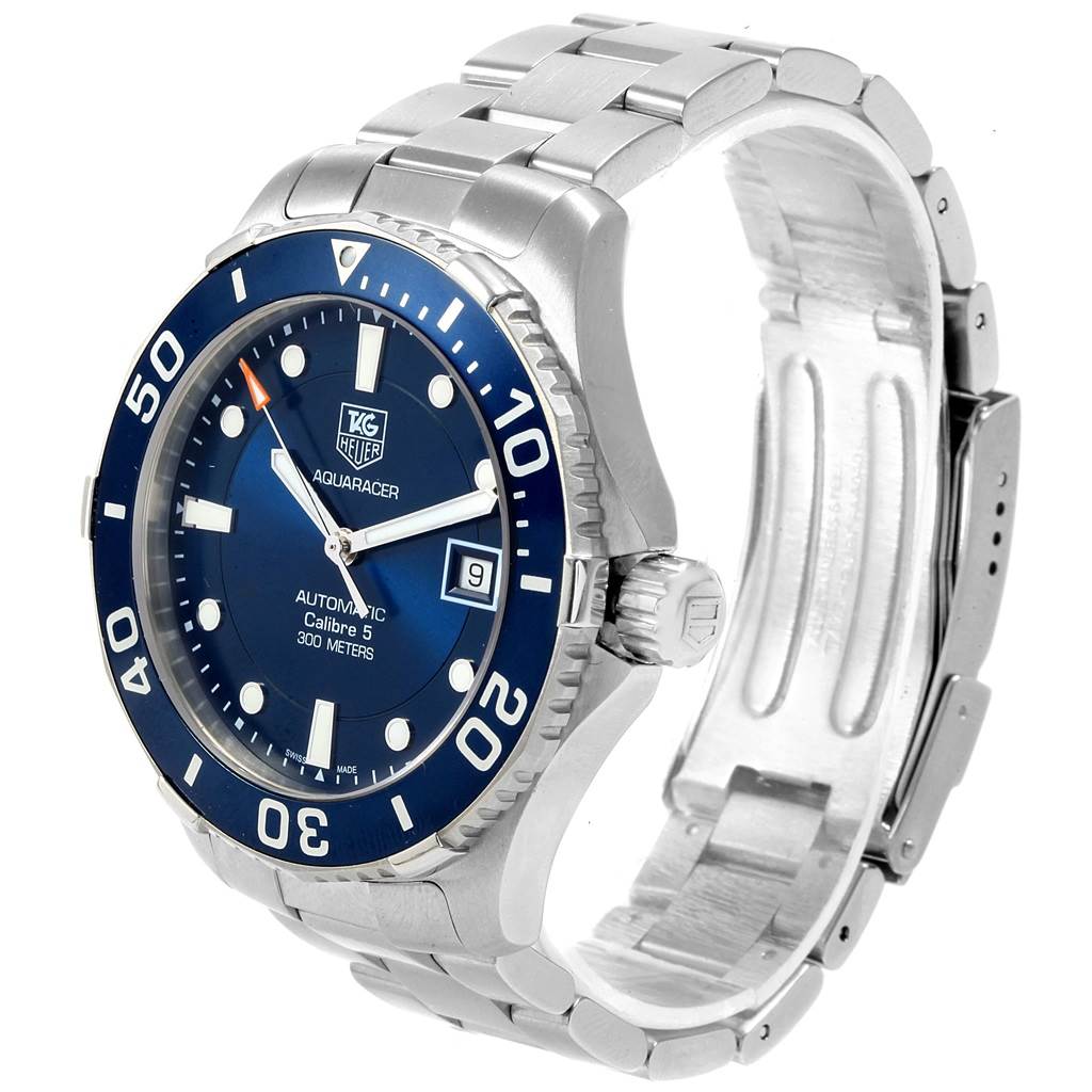 The image shows a Tag Heuer Aquaracer WAN2111.BA0822 Men
s Stainless Steel Blue Dial WAN2111.BA0822 Men
s Stainless Steel Blue Dial watch at a slight angle, highlighting the dial, bezel, crown, and part of the metal bracelet.