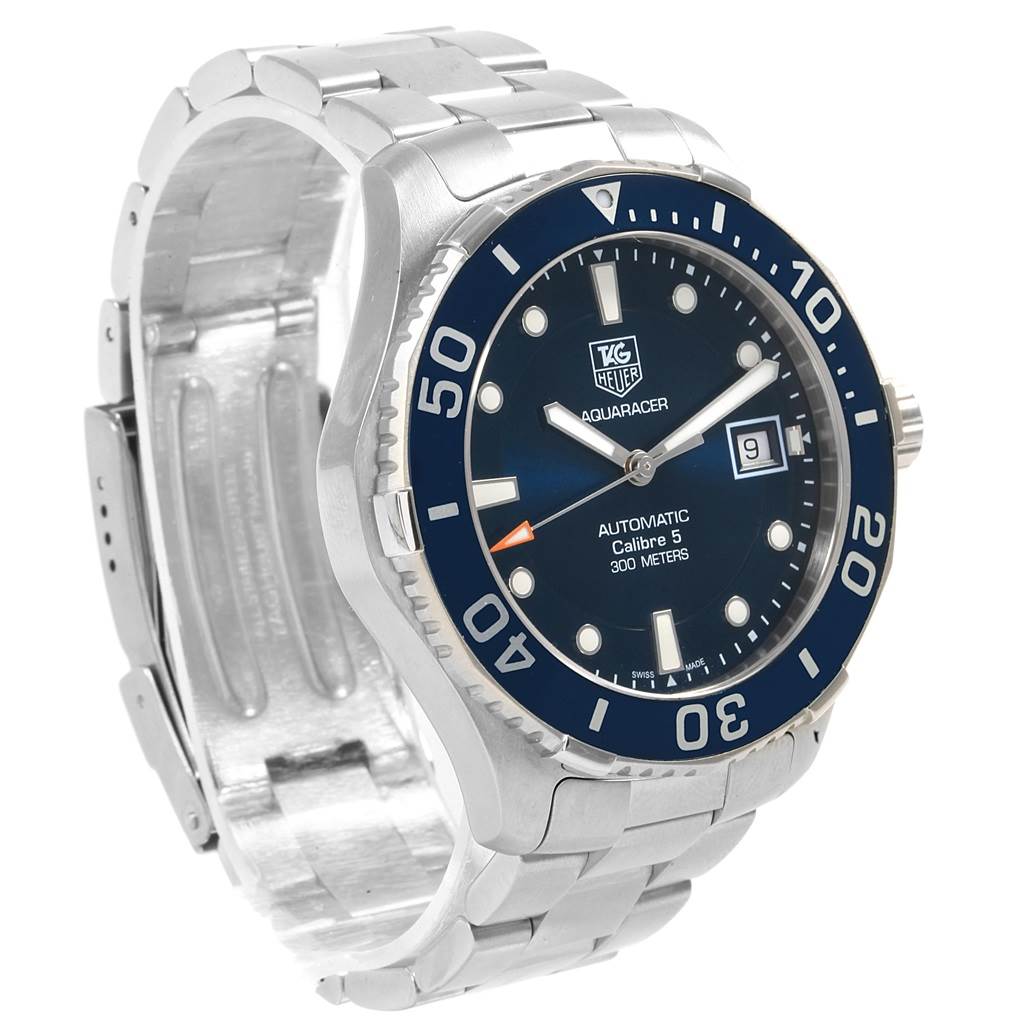 This image shows a Tag Heuer Aquaracer WAN2111.BA0822 Men
s Stainless Steel Blue Dial WAN2111.BA0822 Men
s Stainless Steel Blue Dial watch at a slight angle, highlighting the face, bezel, and part of the metal bracelet.