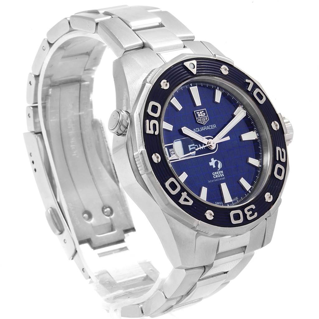The image shows a Tag Heuer Aquaracer Limited Edition watch, captured at a slight angle that highlights its face, bezel, and bracelet.