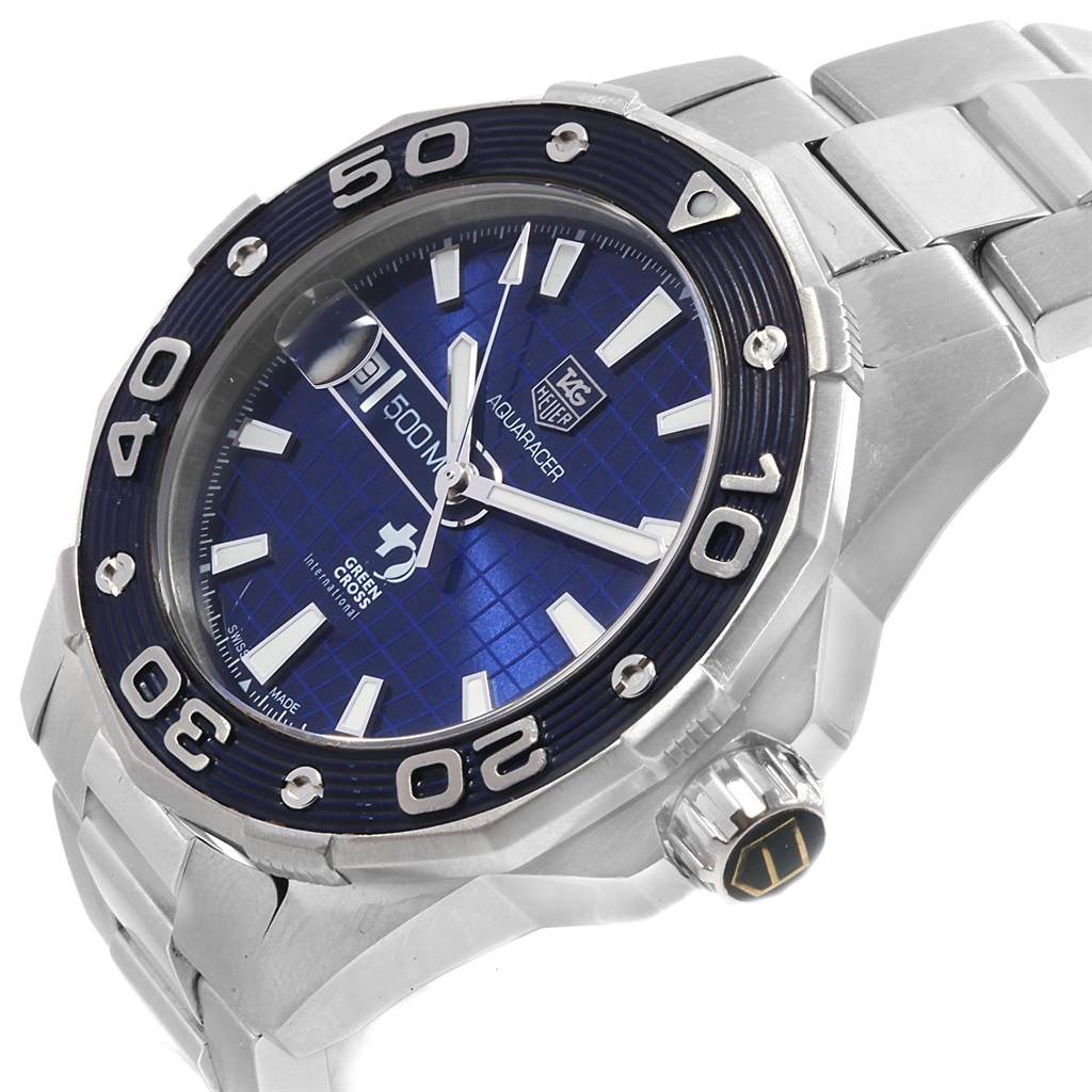 The image shows a close-up angle of the Tag Heuer Limited Edition WAJ2116.BA0870 Men's Stainless Steel Blue Dial WAJ2116.BA0870 Men's Stainless Steel Blue Dial Aquaracer watch, highlighting its dial, bezel, and bracelet.