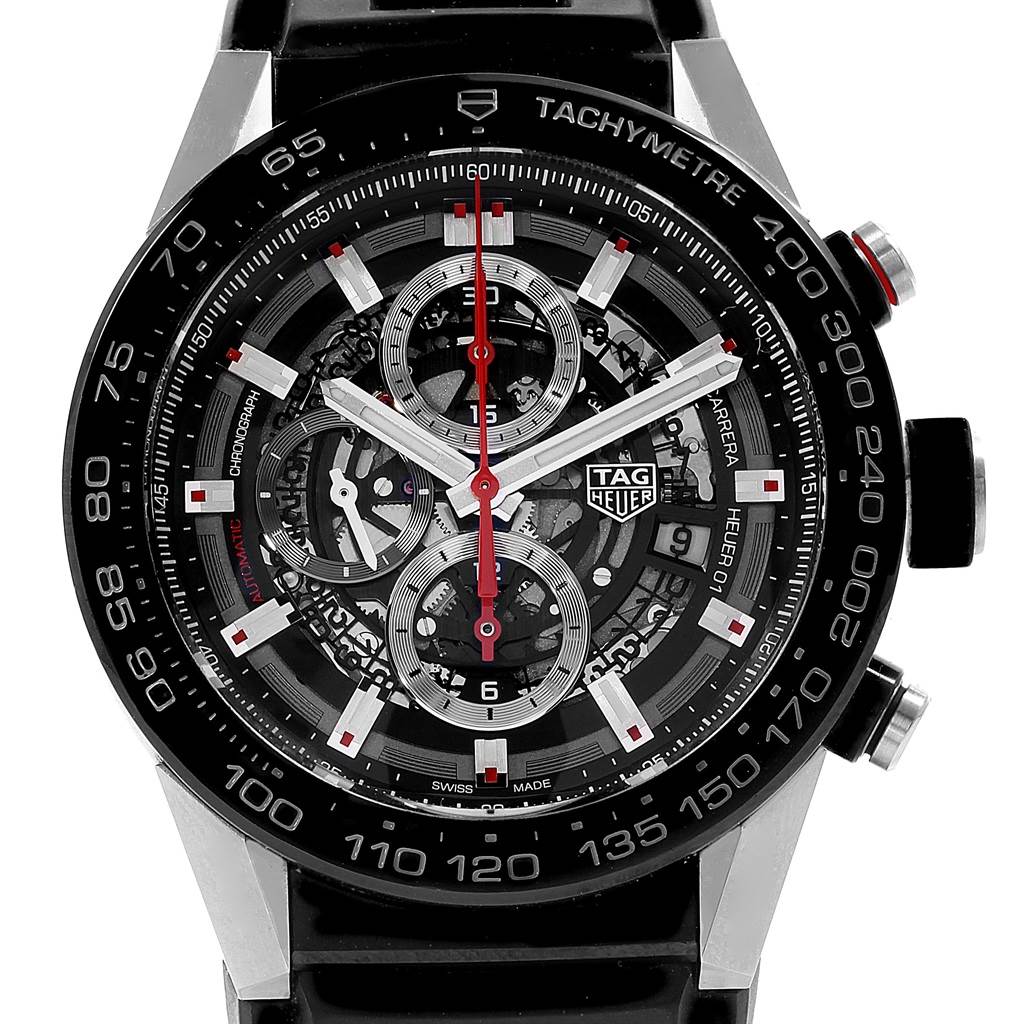 The image shows a frontal view of a Tag Heuer Carrera CAR2A1Z.FT6044 Men's Titanium Black Dial CAR2A1Z.FT6044 Men's Titanium Black Dial watch focusing on the dial, bezel, and chronograph sub-dials.