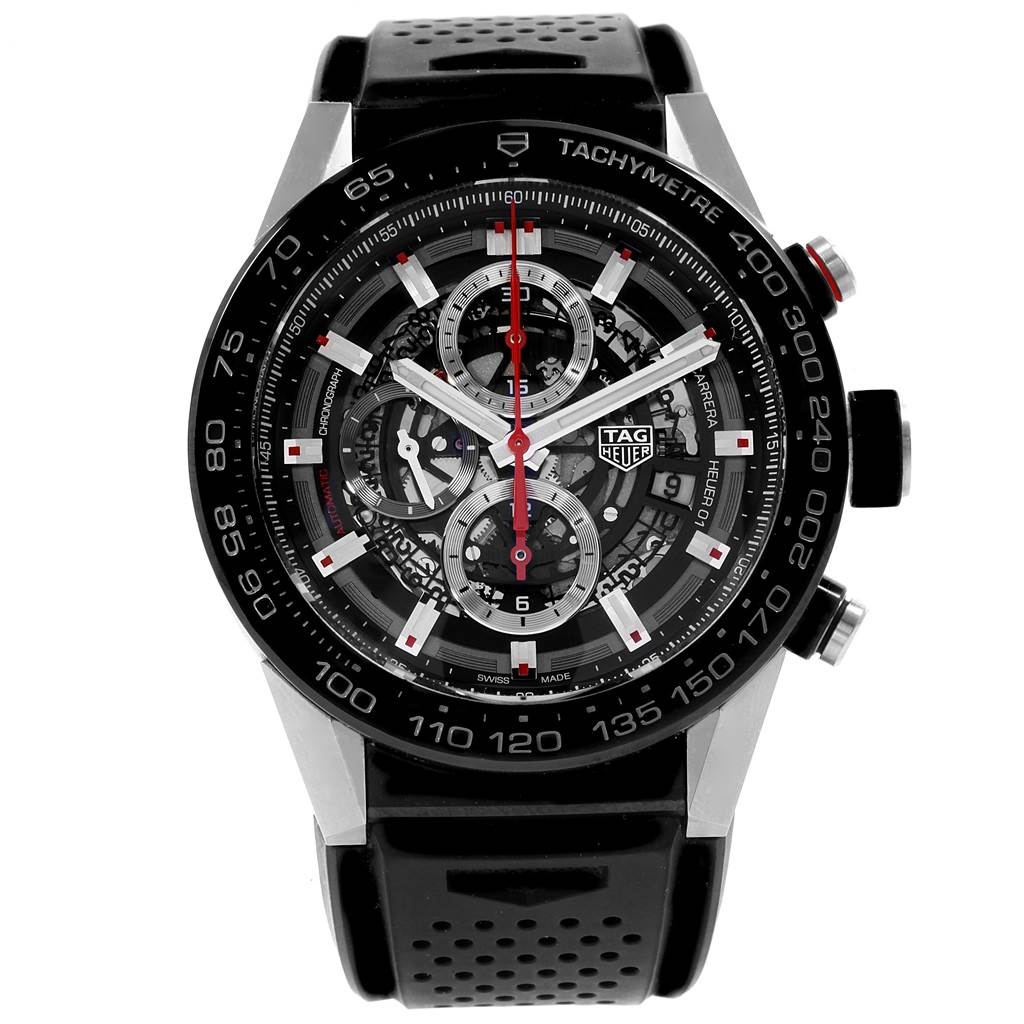 The image shows a frontal view of a Tag Heuer Carrera CAR2A1Z.FT6044 Men's Titanium Black Dial CAR2A1Z.FT6044 Men's Titanium Black Dial watch, displaying the face, hands, subdials, and tachymeter bezel.