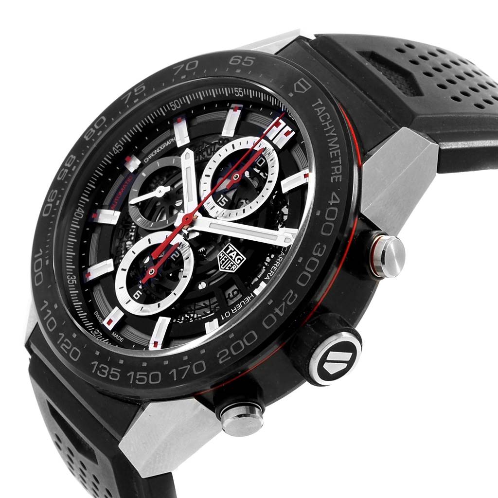 The image shows a close-up view of the Tag Heuer Carrera CAR2A1Z.FT6044 Men's Titanium Black Dial CAR2A1Z.FT6044 Men's Titanium Black Dial model watch, highlighting its face, bezel, chronograph dials, and crown.