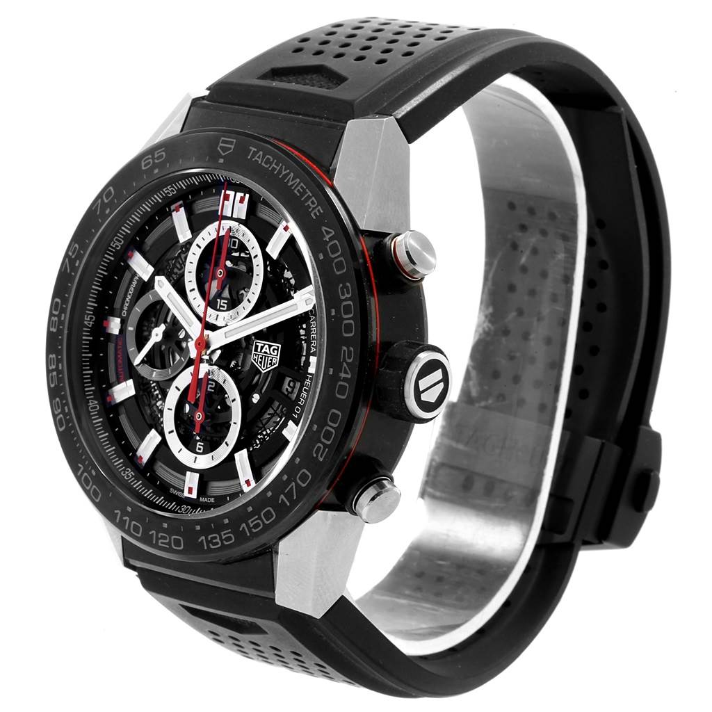 This image shows a side angle of a Tag Heuer Carrera CAR2A1Z.FT6044 Men's Titanium Black Dial CAR2A1Z.FT6044 Men's Titanium Black Dial watch, highlighting the dial, bezel, and strap.