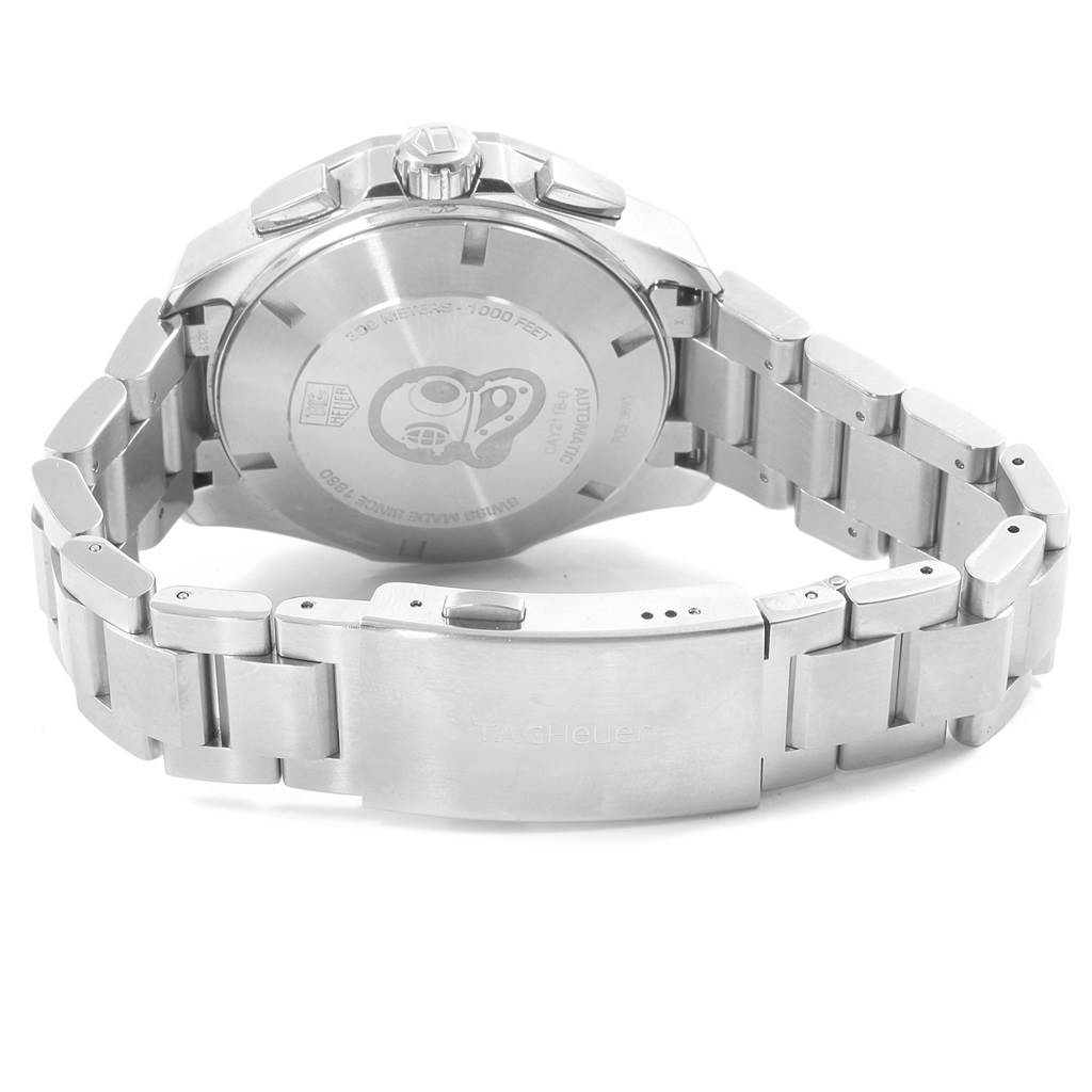 The image shows the back view of a Tag Heuer Aquaracer CAY211B.BA0927 Men
s Stainless Steel Blue Dial CAY211B.BA0927 Men
s Stainless Steel Blue Dial watch, highlighting the case back and the bracelet with the clasp.