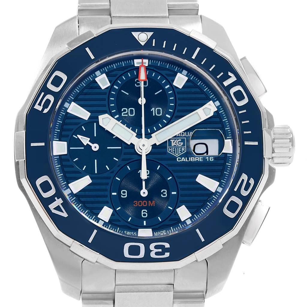 The image shows a front view of the Tag Heuer Aquaracer CAY211B.BA0927 Men
s Stainless Steel Blue Dial CAY211B.BA0927 Men
s Stainless Steel Blue Dial watch displaying its blue dial, bezel, chronograph subdials, and a metal bracelet.