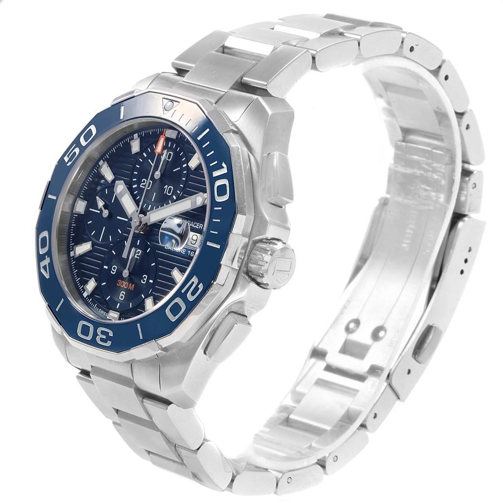 The image shows a Tag Heuer Aquaracer CAY211B.BA0927 Men
s Stainless Steel Blue Dial CAY211B.BA0927 Men
s Stainless Steel Blue Dial watch at a slight angle, highlighting its face, bezel, and metal bracelet.