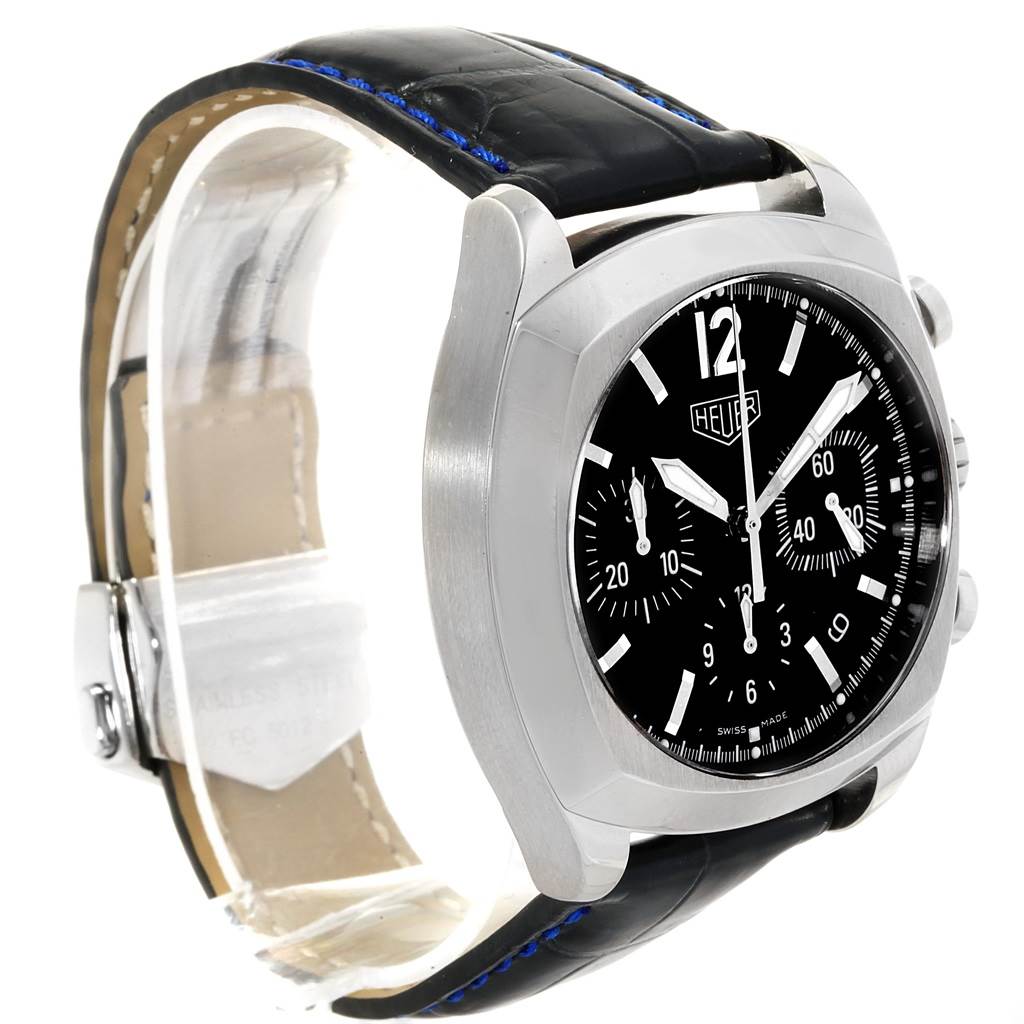 The image shows a side-angle view of the Tag Heuer Monza CR2113.FC6164 Men's Stainless Steel Black Dial CR2113.FC6164 Men's Stainless Steel Black Dial watch, highlighting its case, dial, and leather strap.