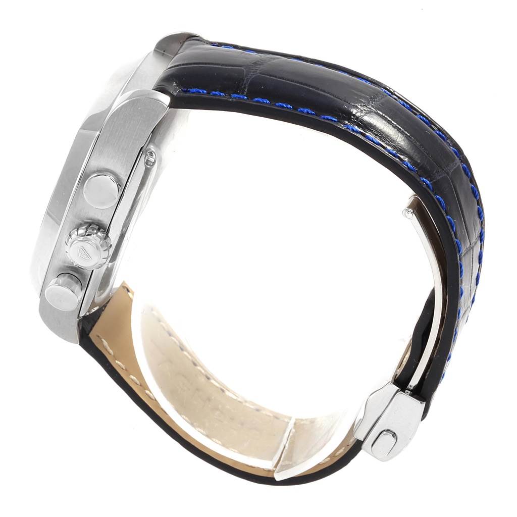 The image shows a side angle view of the Tag Heuer Monza CR2113.FC6164 Men's Stainless Steel Black Dial CR2113.FC6164 Men's Stainless Steel Black Dial watch, highlighting the crown, pushers, and part of the leather strap.