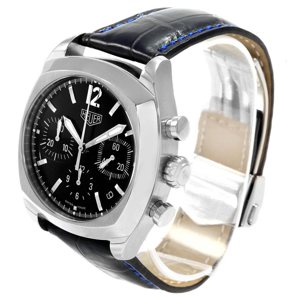 This image shows a Tag Heuer Monza CR2113.FC6164 Men's Stainless Steel Black Dial CR2113.FC6164 Men's Stainless Steel Black Dial watch at a slight angle, highlighting its face, dial, and strap.