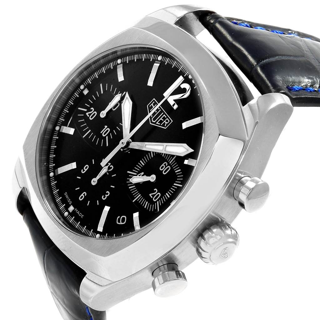 This image shows the Tag Heuer Monza CR2113.FC6164 Men's Stainless Steel Black Dial CR2113.FC6164 Men's Stainless Steel Black Dial watch at a slight angle, highlighting the face, crown, and chronograph pushers.