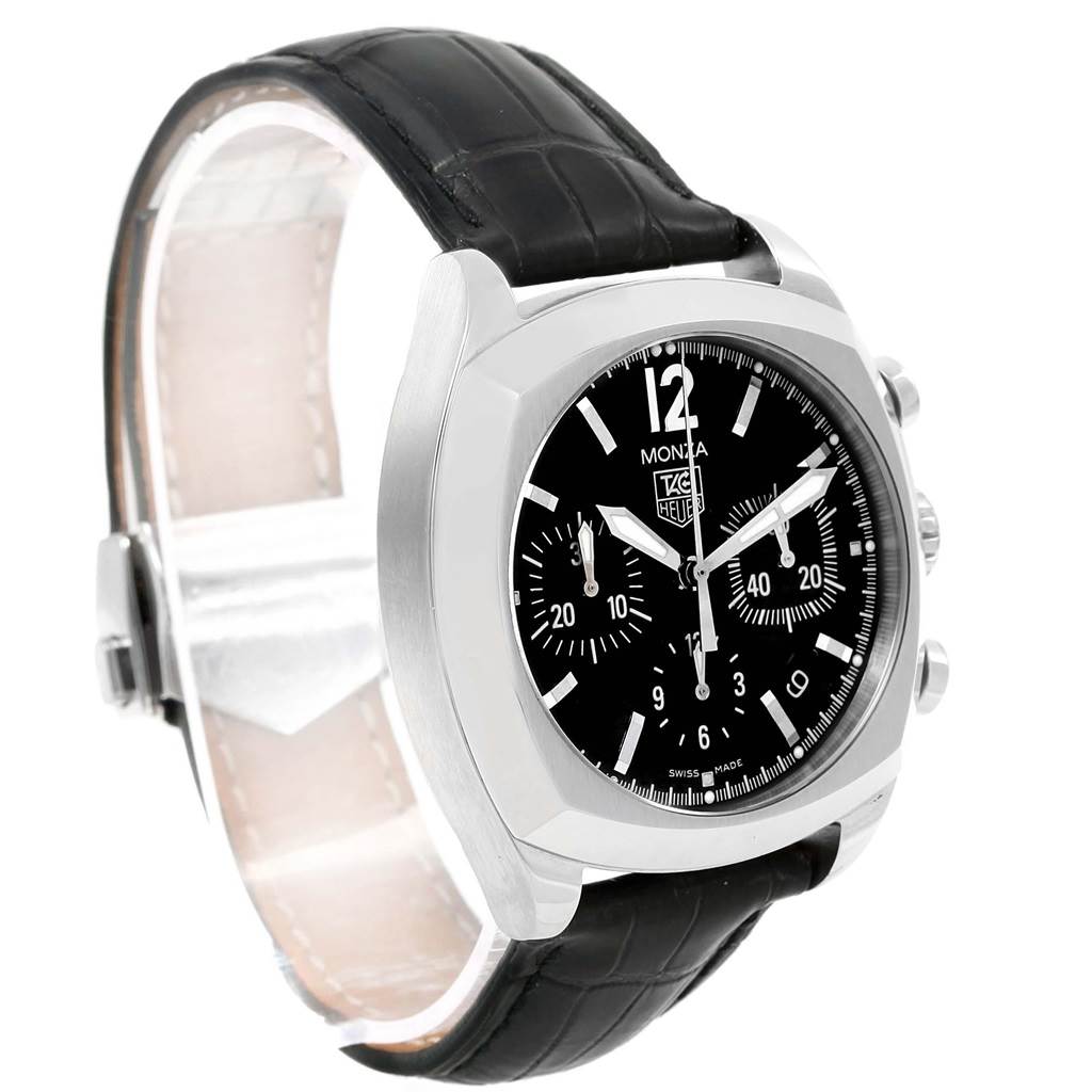 The image shows a Tag Heuer Monza CR2113.FC6164 Men's Stainless Steel Black Dial CR2113.FC6164 Men's Stainless Steel Black Dial watch at a three-quarter angle, highlighting the black dial, three subdials, and black leather strap.