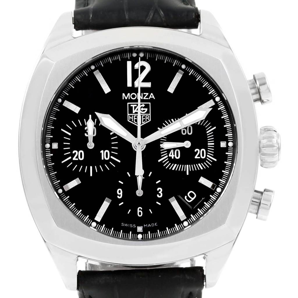The image shows a front view of the Tag Heuer Monza CR2113.FC6164 Men's Stainless Steel Black Dial CR2113.FC6164 Men's Stainless Steel Black Dial watch, highlighting the dial, subdials, case, and crown.