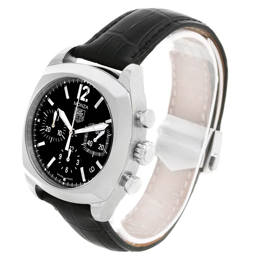 The Tag Heuer Monza CR2113.FC6164 Men's Stainless Steel Black Dial CR2113.FC6164 Men's Stainless Steel Black Dial watch is shown at a 45-degree angle, revealing its black dial, chronograph buttons, and black leather strap.