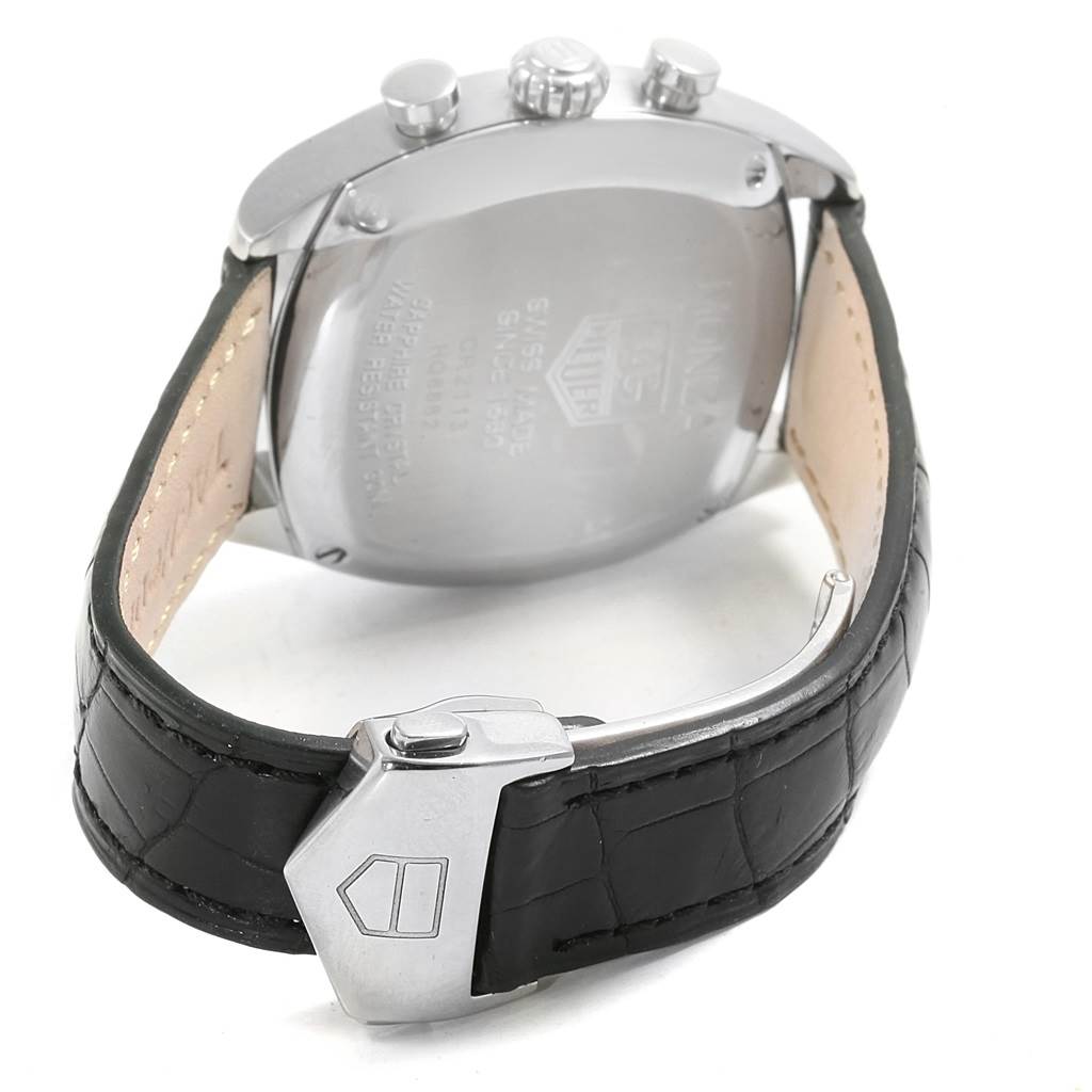 The image shows the back case and leather strap of the Tag Heuer Monza CR2113.FC6164 Men's Stainless Steel Black Dial CR2113.FC6164 Men's Stainless Steel Black Dial watch from an angled, rear perspective.