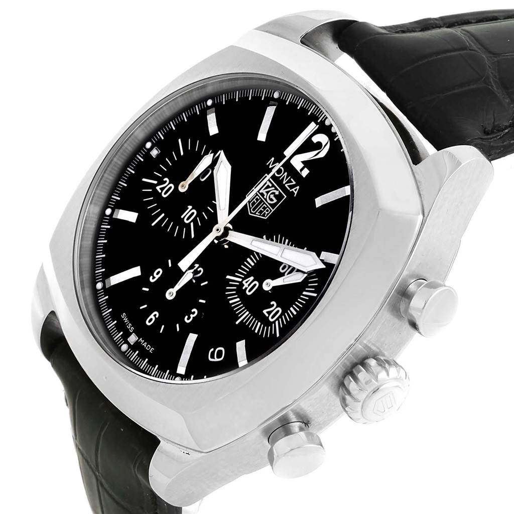 The image shows a close-up, angled view of a Tag Heuer Monza CR2113.FC6164 Men's Stainless Steel Black Dial CR2113.FC6164 Men's Stainless Steel Black Dial watch featuring the dial, case, crown, and strap.