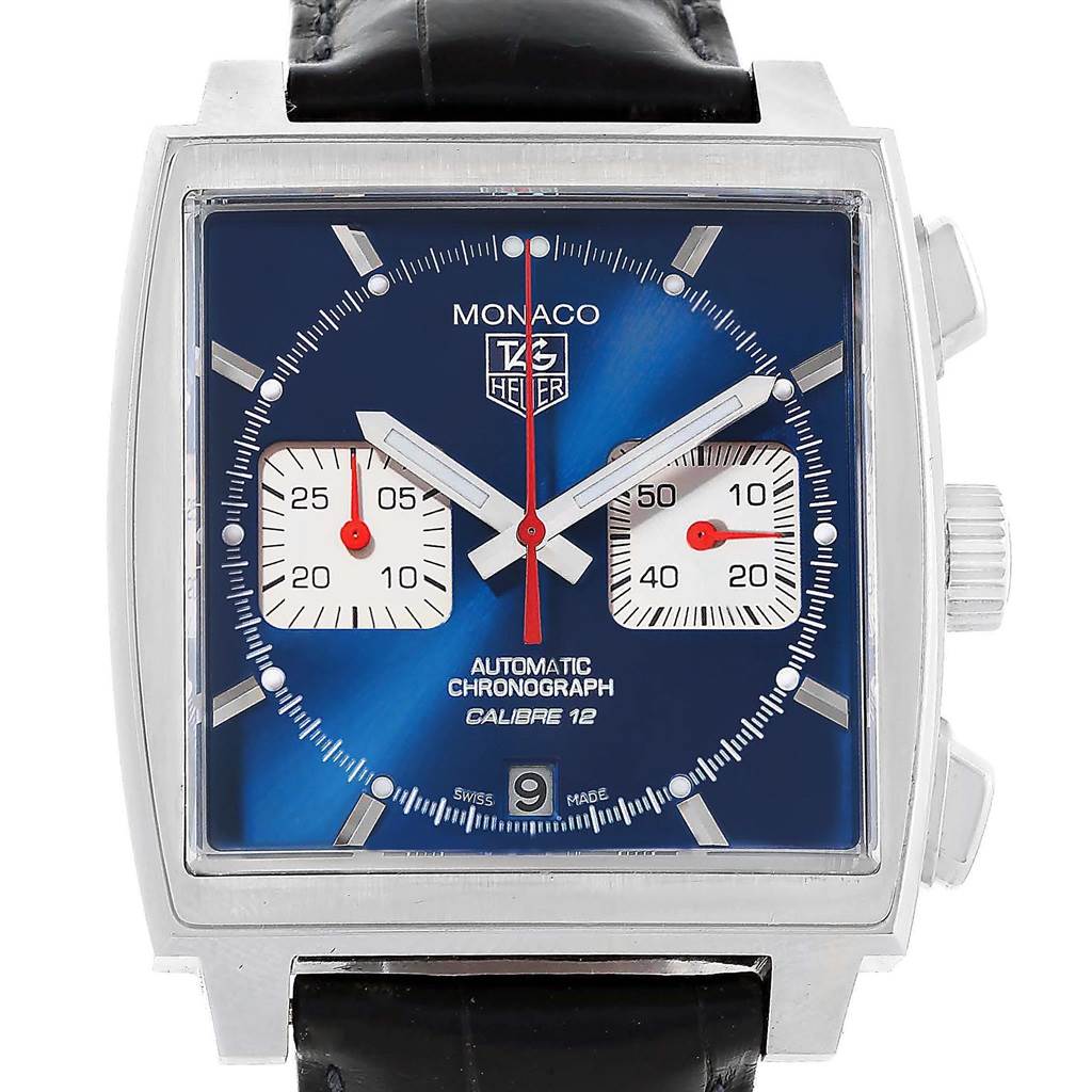 The image shows a front view of the Tag Heuer Monaco CAW2111 Men's Stainless Steel Blue Dial CAW2111 Men's Stainless Steel Blue Dial watch, displaying its square dial, chronograph subdials, and date window.