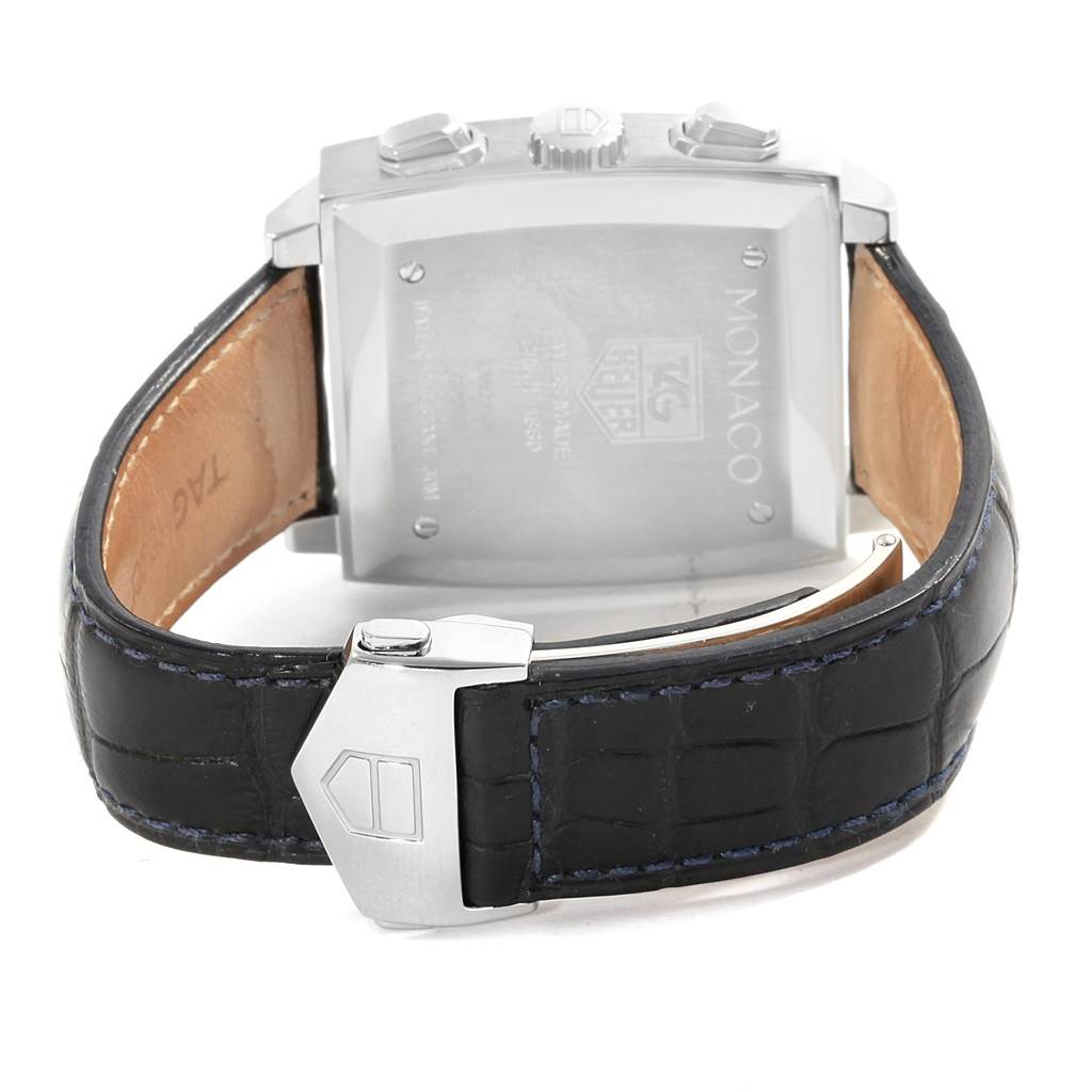 The image shows the back case and black leather strap of the Tag Heuer Monaco TAG HEUER Men's Stainless Steel Blue Dial TAG HEUER Men's Stainless Steel Blue Dial watch, featuring the clasp and crown.