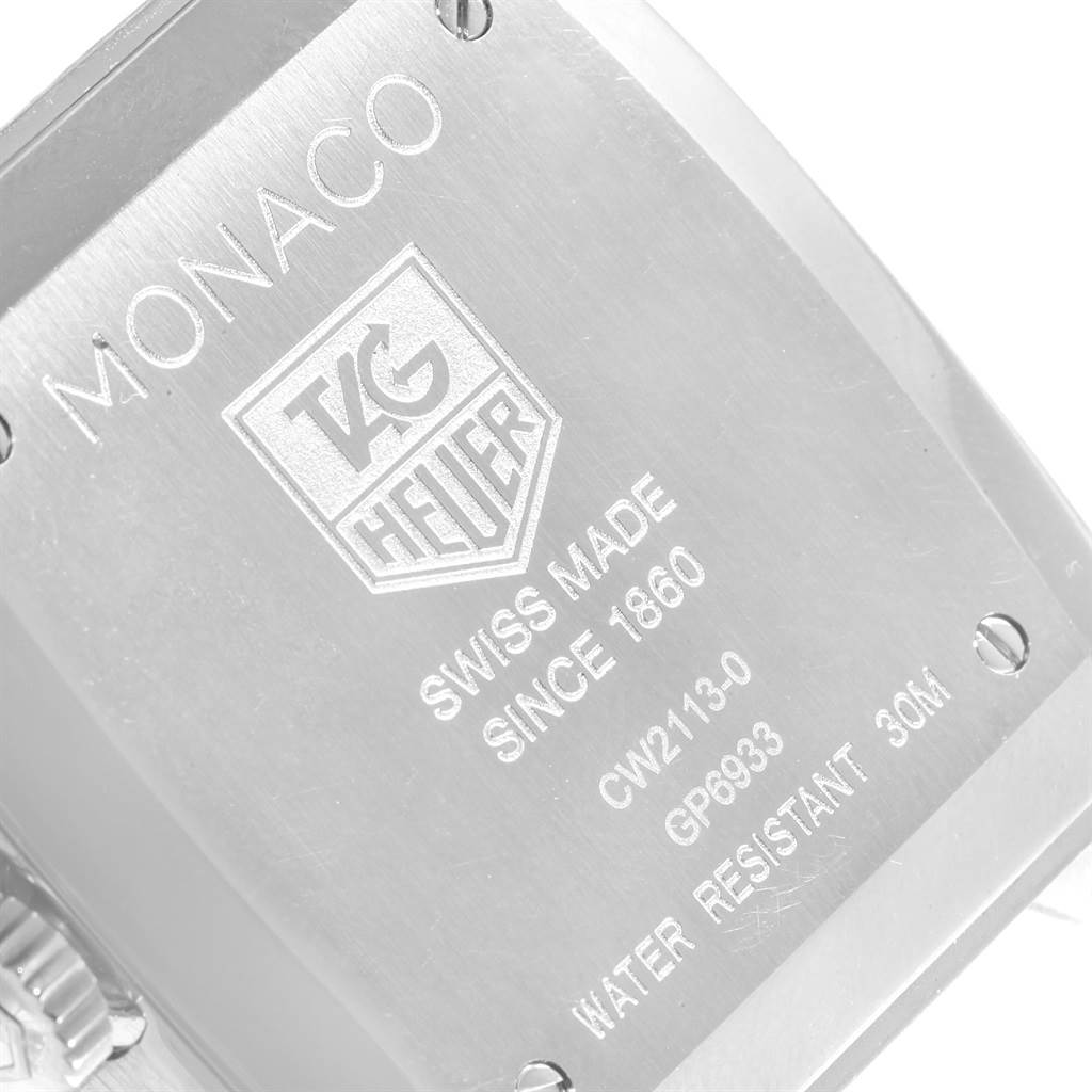 The image shows the back casing of a Tag Heuer Monaco TAG HEUER Men's Stainless Steel Blue Dial TAG HEUER Men's Stainless Steel Blue Dial model watch, highlighting its branding and specifications.