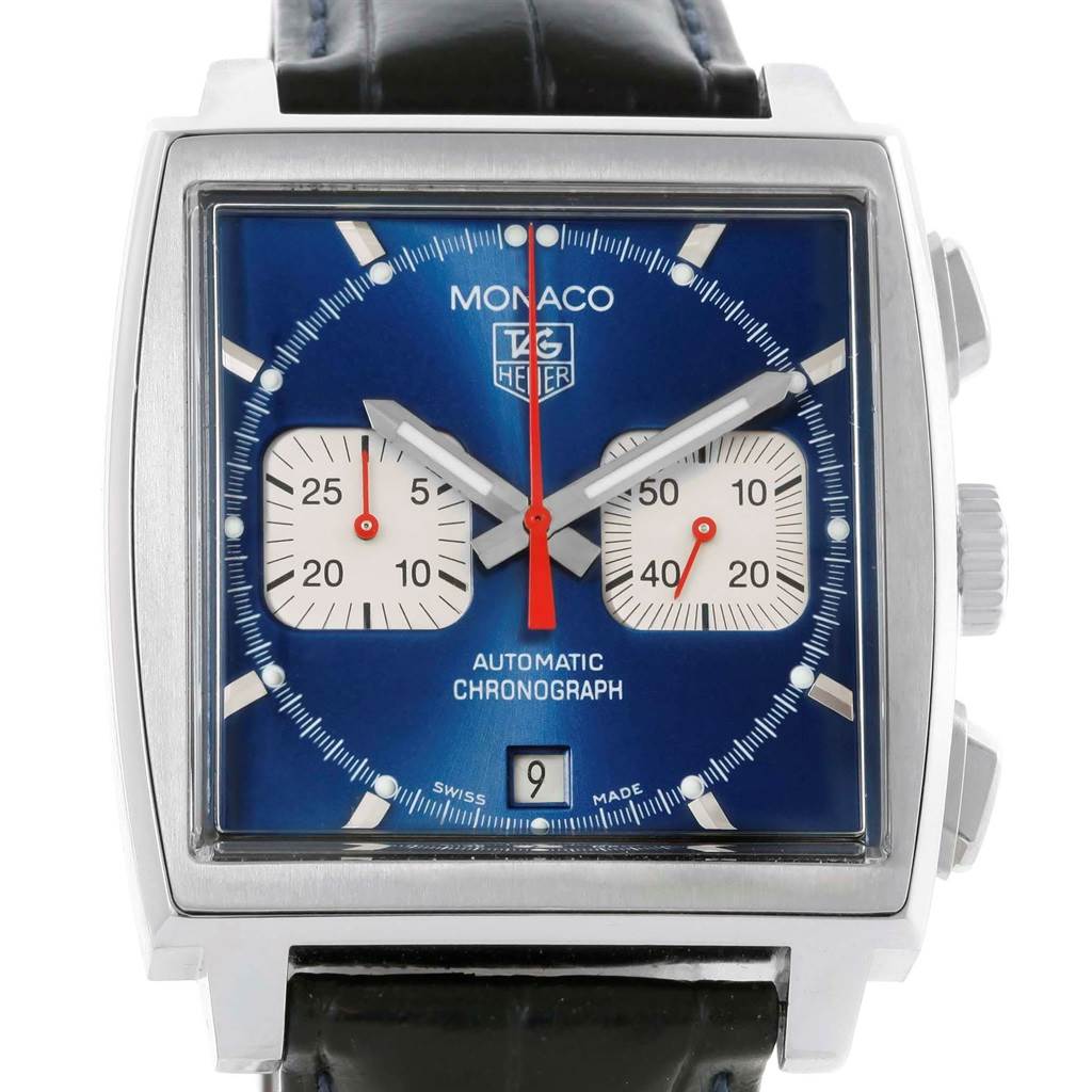 The image shows a front view of the Tag Heuer Monaco TAG HEUER Men's Stainless Steel Blue Dial TAG HEUER Men's Stainless Steel Blue Dial watch, highlighting the dial, subdials, hands, and date window.