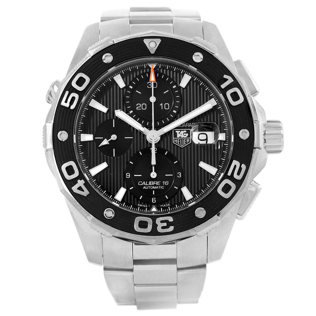 This is a front view of a Tag Heuer Aquaracer CAJ2110.BA0872 Men's Stainless Steel Black Dial CAJ2110.BA0872 Men's Stainless Steel Black Dial watch showing its face, bezel, and a portion of its metal band.