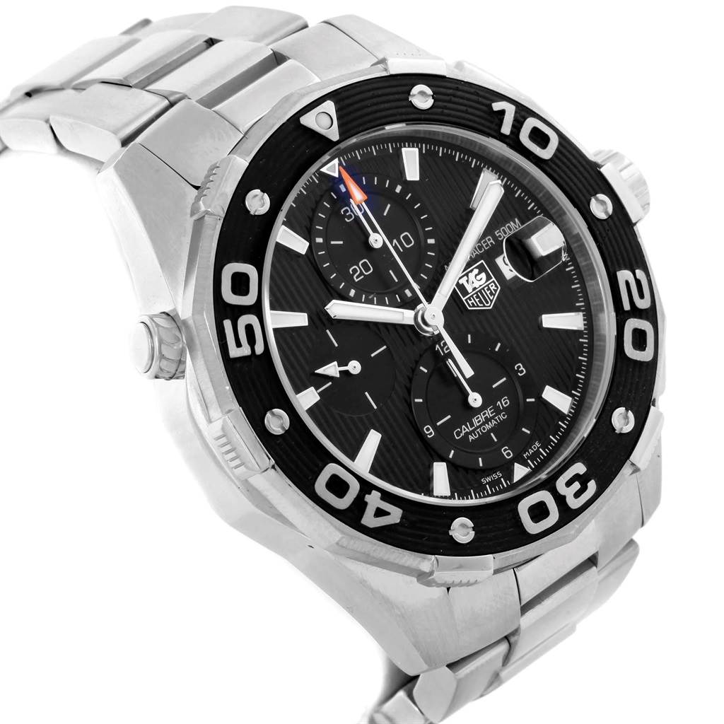 The image shows a side angle of the Tag Heuer Aquaracer CAJ2110.BA0872 Men's Stainless Steel Black Dial CAJ2110.BA0872 Men's Stainless Steel Black Dial watch, highlighting the face, bezel, crown, and part of the stainless steel bracelet.