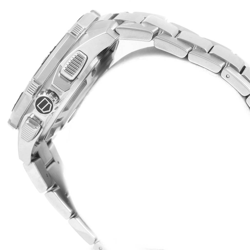 The image shows a side profile of a Tag Heuer Aquaracer CAJ2110.BA0872 Men's Stainless Steel Black Dial CAJ2110.BA0872 Men's Stainless Steel Black Dial watch, highlighting its stainless steel case and bracelet.