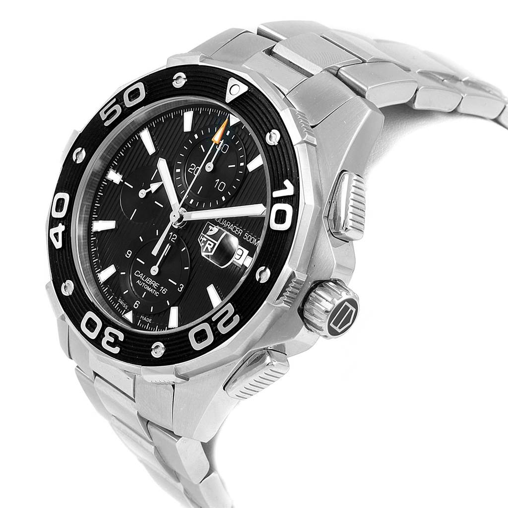 The image shows a close-up side angle of the Tag Heuer Aquaracer CAJ2110.BA0872 Men's Stainless Steel Black Dial CAJ2110.BA0872 Men's Stainless Steel Black Dial watch, highlighting its bezel, dial, chronograph subdials, and bracelet.
