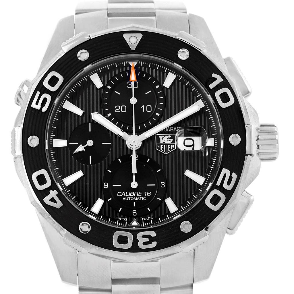 The image shows a frontal view of the Tag Heuer Aquaracer CAJ2110.BA0872 Men's Stainless Steel Black Dial CAJ2110.BA0872 Men's Stainless Steel Black Dial watch, highlighting its dial, bezel, and bracelet.