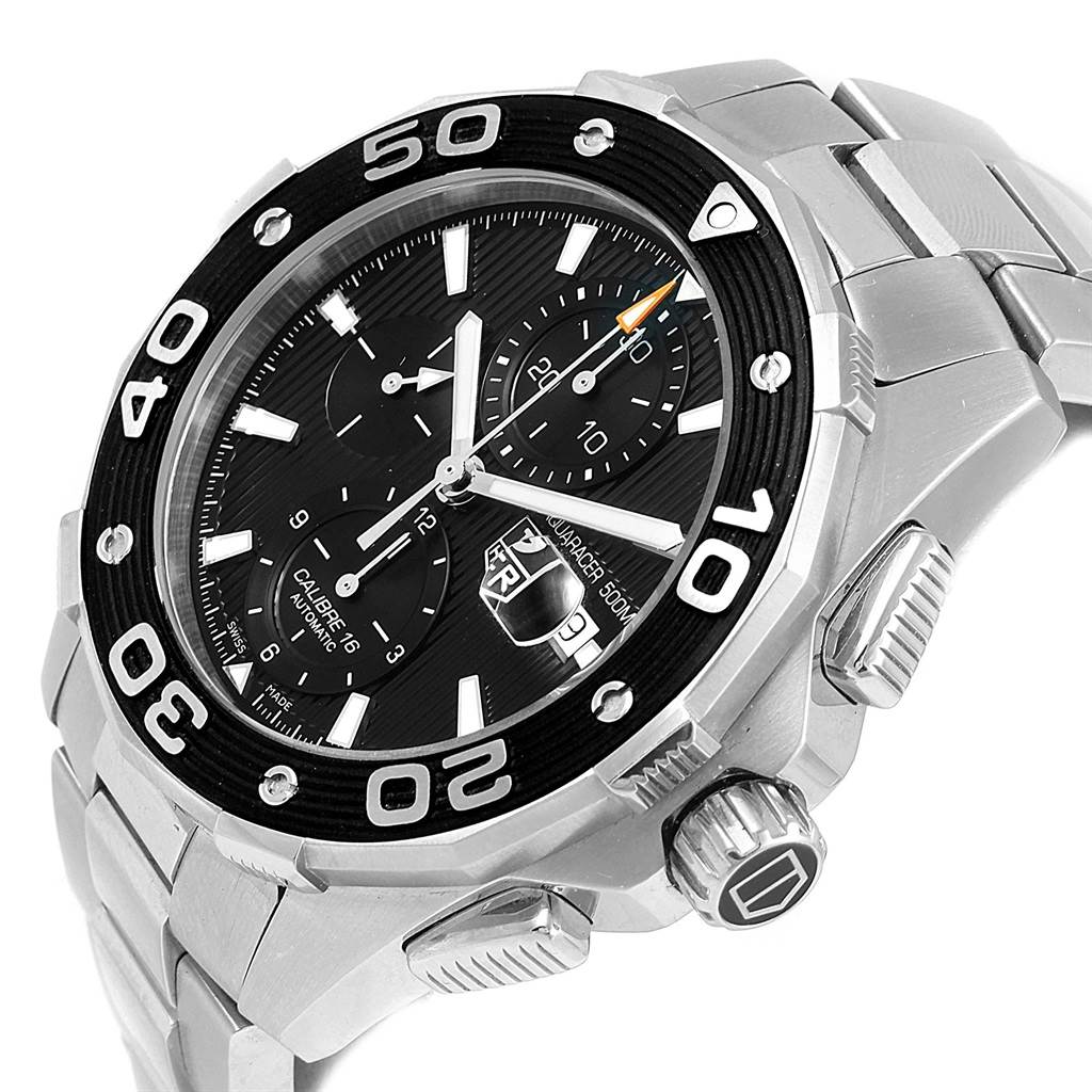 The image shows a side angle of the Tag Heuer Aquaracer CAJ2110.BA0872 Men's Stainless Steel Black Dial CAJ2110.BA0872 Men's Stainless Steel Black Dial watch, highlighting its bezel, crown, and bracelet.