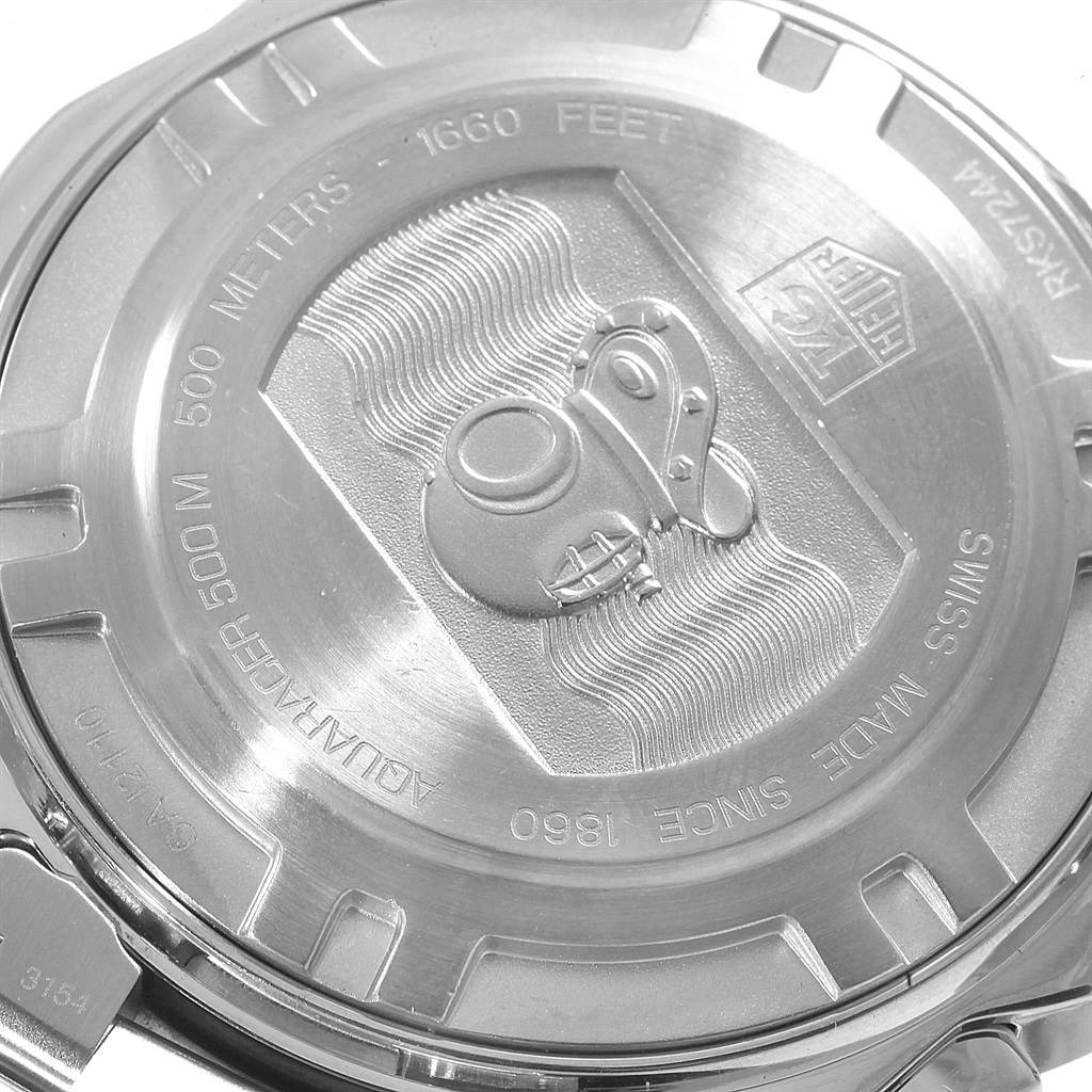 The image shows the case back of the Tag Heuer Aquaracer CAJ2110.BA0872 Men's Stainless Steel Black Dial CAJ2110.BA0872 Men's Stainless Steel Black Dial watch with detailed engravings and depth rating.