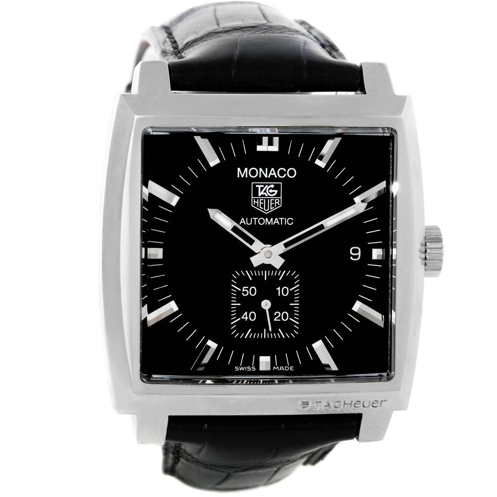 The image shows a front view of a Tag Heuer Monaco WW2110 Men's Stainless Steel Black Dial WW2110 Men's Stainless Steel Black Dial watch, highlighting the black dial, square case, and leather strap.
