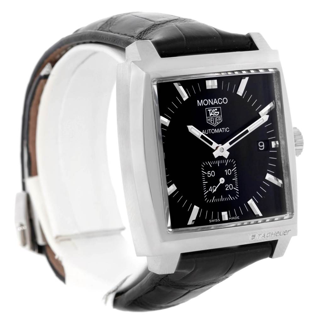 The image shows a Tag Heuer Monaco WW2110 Men's Stainless Steel Black Dial WW2110 Men's Stainless Steel Black Dial watch at a front angle, highlighting its square face, black leather strap, and side crown.