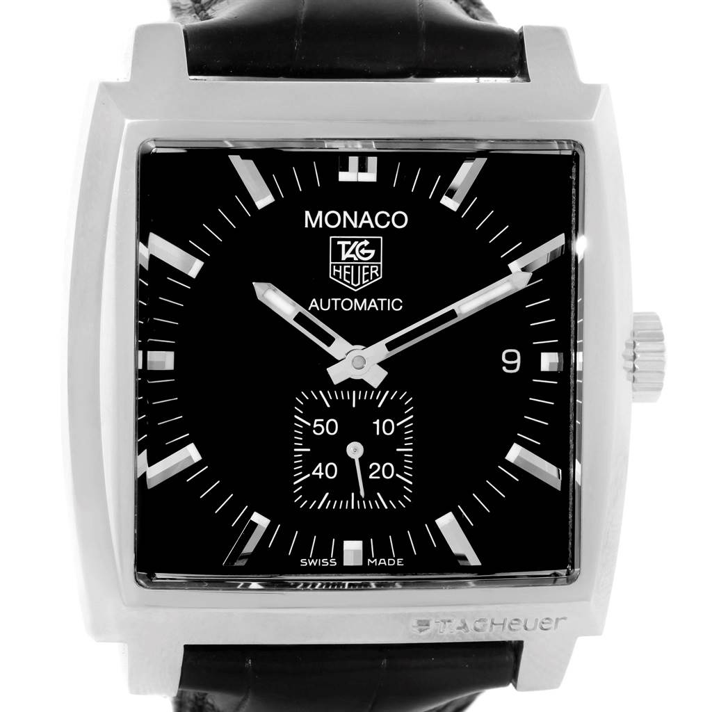 The image shows a front view of the Tag Heuer Monaco WW2110 Men's Stainless Steel Black Dial WW2110 Men's Stainless Steel Black Dial watch, highlighting its black dial, silver indices, and sub-dial.