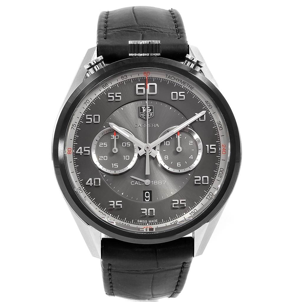 The image shows a frontal view of the Tag Heuer Carrera CAR2C12.FC6327 Men
s Titanium Black Dial CAR2C12.FC6327 Men
s Titanium Black Dial watch, highlighting its dial, subdials, and leather strap.