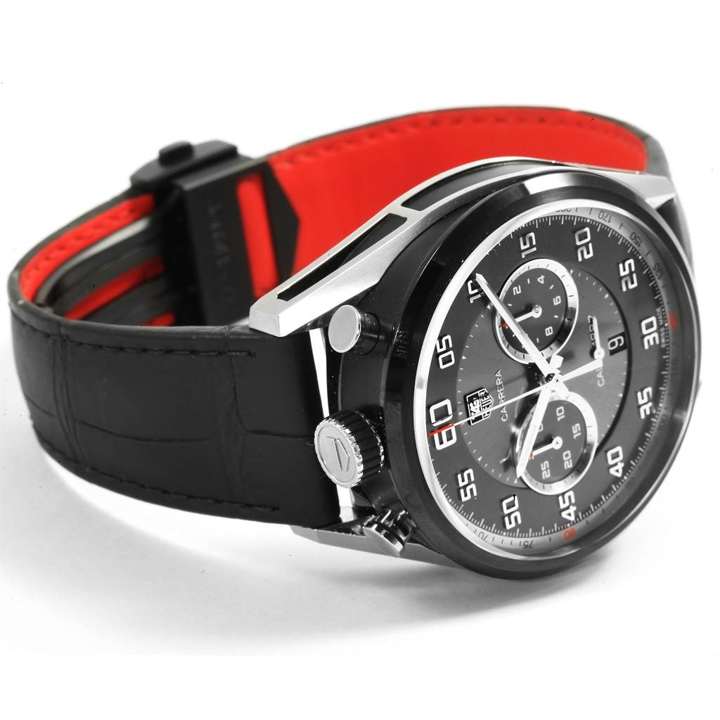 The image shows a side angle of the Tag Heuer Carrera CAR2C12.FC6327 Men
s Titanium Black Dial CAR2C12.FC6327 Men
s Titanium Black Dial watch, displaying the crown, pushers, dial, and part of the strap.