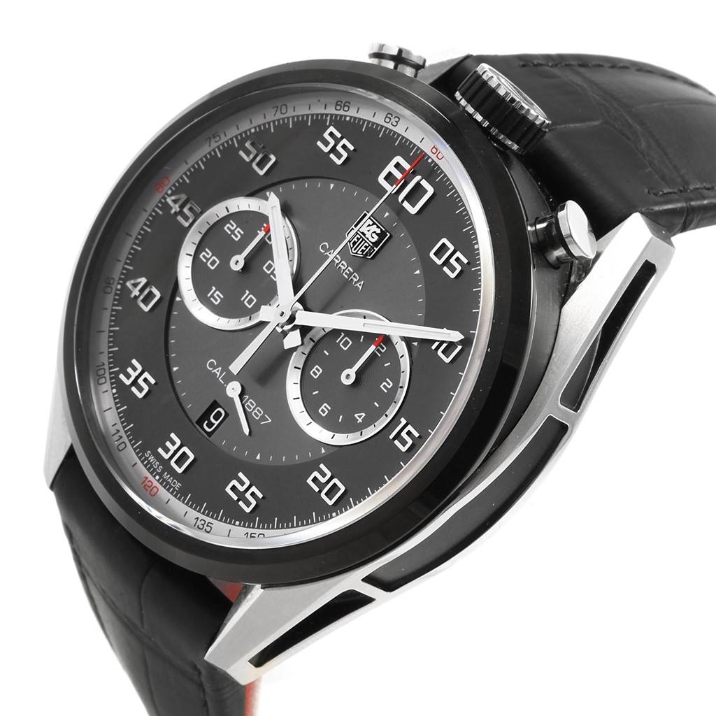 The image shows a close-up angled view of the Tag Heuer Carrera CAR2C12.FC6327 Men
s Titanium Black Dial CAR2C12.FC6327 Men
s Titanium Black Dial watch, highlighting its face and chronograph buttons.