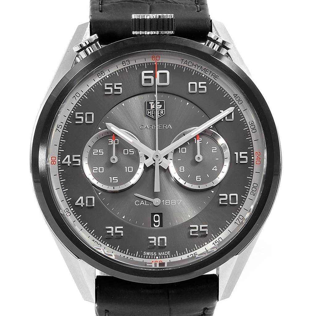 The image shows a front view of the Tag Heuer Carrera CAR2C12.FC6327 Men
s Titanium Black Dial CAR2C12.FC6327 Men
s Titanium Black Dial watch, highlighting the dial, subdials, and leather strap.