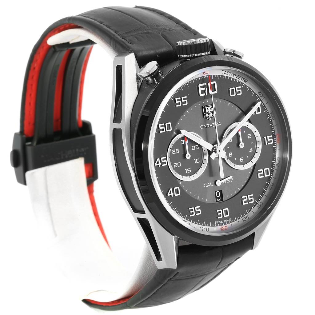 The image shows a Tag Heuer Carrera CAR2C12.FC6327 Men
s Titanium Black Dial CAR2C12.FC6327 Men
s Titanium Black Dial watch at a three-quarter angle, highlighting the dial, bezel, and strap.