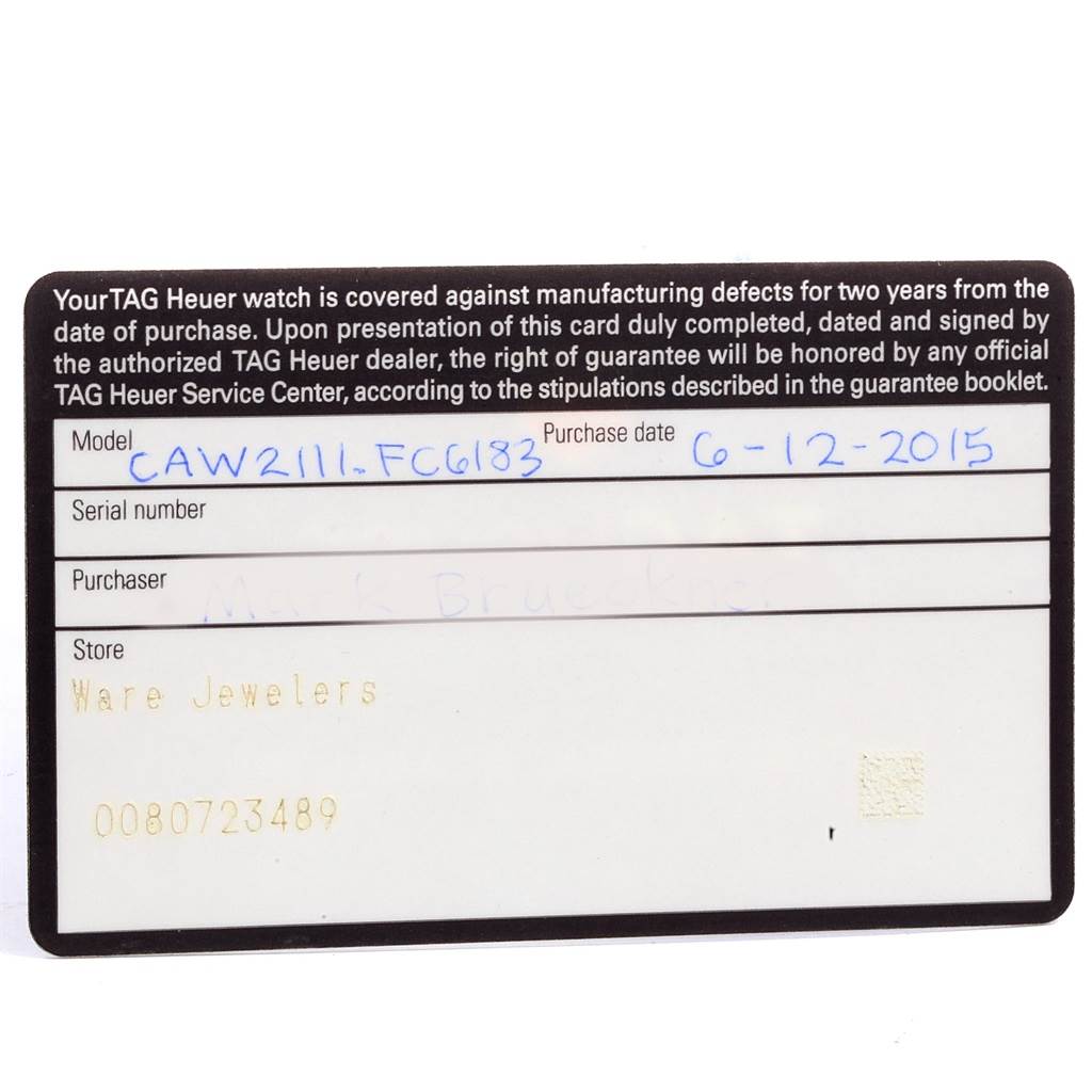 The image shows a warranty card for the Tag Heuer Monaco CAW2111 Men
s Stainless Steel Blue Dial CAW2111 Men
s Stainless Steel Blue Dial model, detailing purchase date and store information.